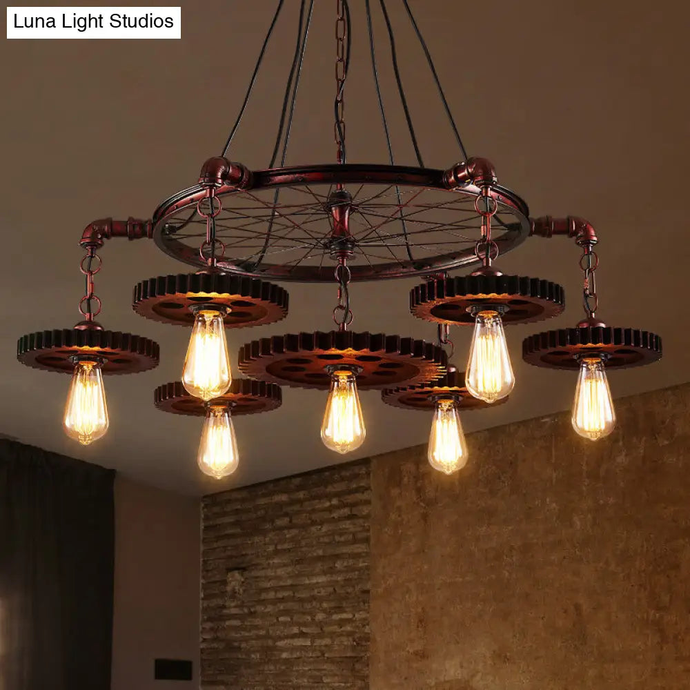 Farmhouse Style Rustic Chandelier Light with Exposed Bulbs - Gear Deco, 3/5/7 Heads - Ideal for Bars