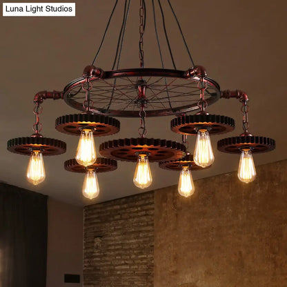 Farmhouse Style Rustic Chandelier Light with Exposed Bulbs - Gear Deco, 3/5/7 Heads - Ideal for Bars