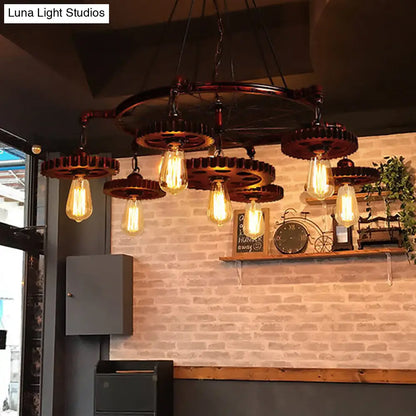 Farmhouse Style Rustic Chandelier Light with Exposed Bulbs - Gear Deco, 3/5/7 Heads - Ideal for Bars