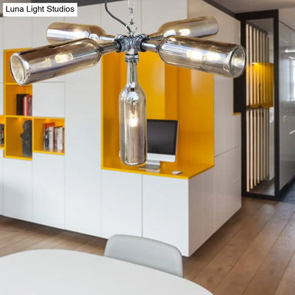 DecorBites™ Farmhouse Style Smoke Gray/Blue Bottle Ceiling Lighting - Glass Hanging Lamp (3/4/5 Lights) in Aged Silver/Black