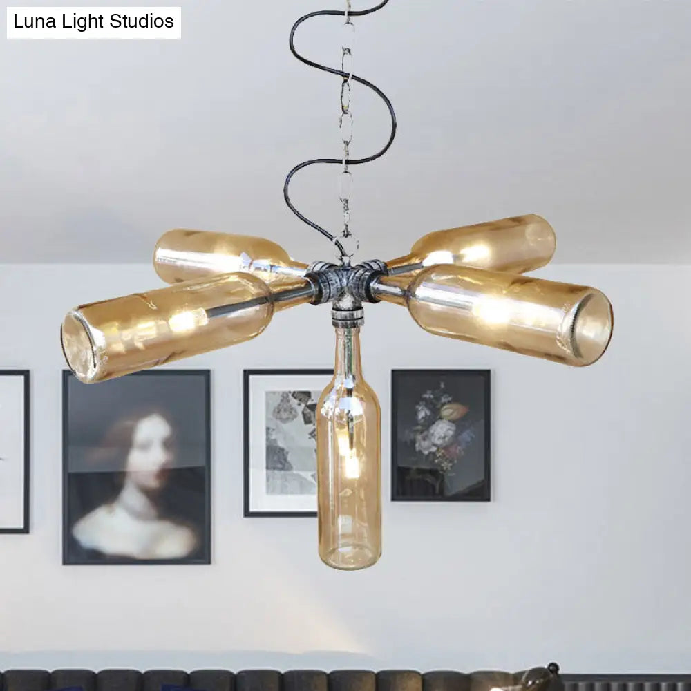 DecorBites™ Farmhouse Style Smoke Gray/Blue Bottle Ceiling Lighting - Glass Hanging Lamp (3/4/5 Lights) in Aged Silver/Black