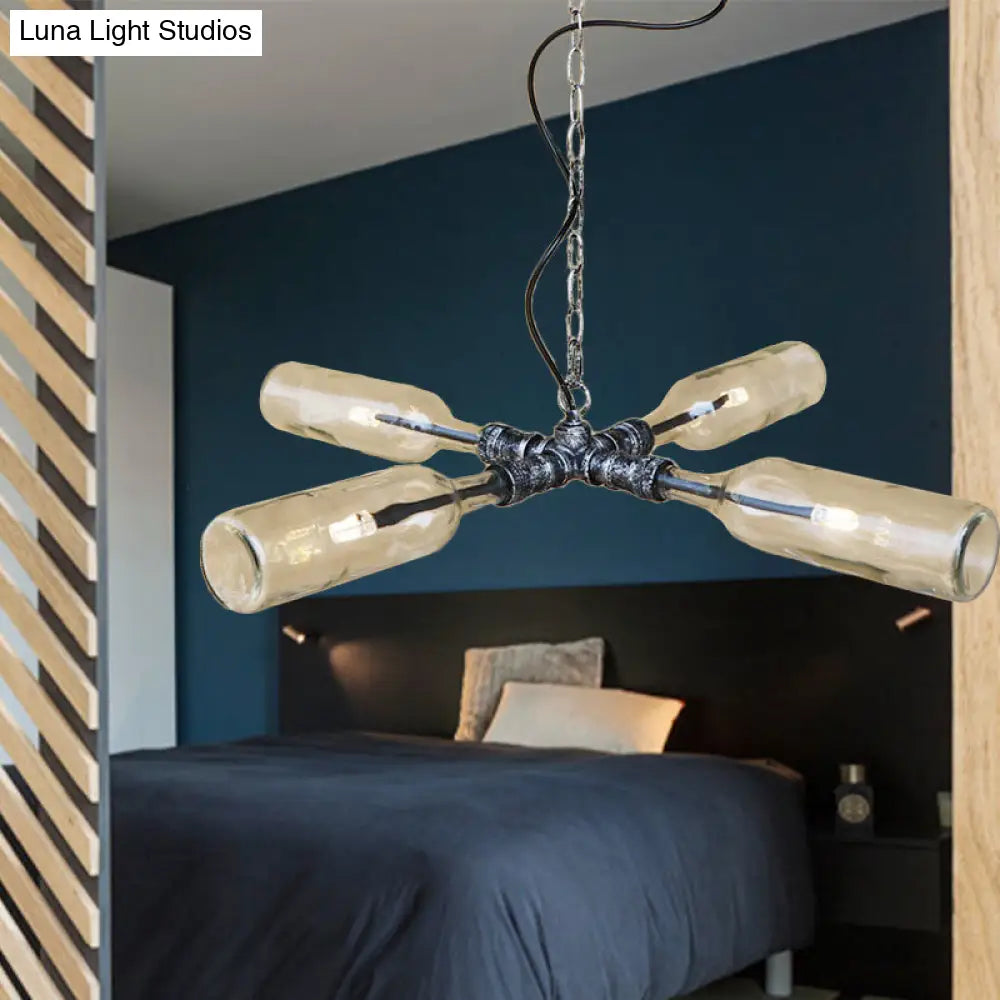 DecorBites™ Farmhouse Style Smoke Gray/Blue Bottle Ceiling Lighting - Glass Hanging Lamp (3/4/5 Lights) in Aged Silver/Black