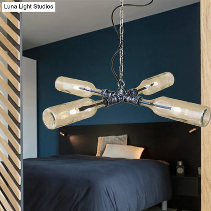 DecorBites™ Farmhouse Style Smoke Gray/Blue Bottle Ceiling Lighting - Glass Hanging Lamp (3/4/5 Lights) in Aged Silver/Black