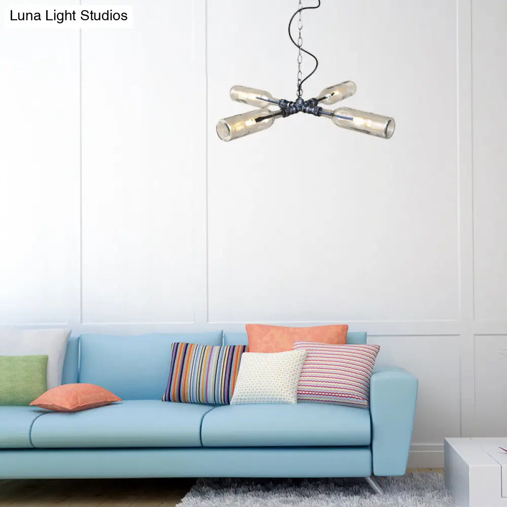 DecorBites™ Farmhouse Style Smoke Gray/Blue Bottle Ceiling Lighting - Glass Hanging Lamp (3/4/5 Lights) in Aged Silver/Black