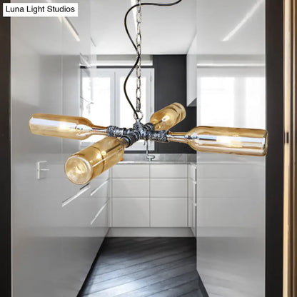 DecorBites™ Farmhouse Style Smoke Gray/Blue Bottle Ceiling Lighting - Glass Hanging Lamp (3/4/5 Lights) in Aged Silver/Black