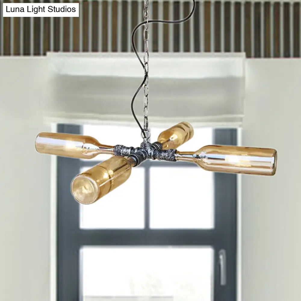 DecorBites™ Farmhouse Style Smoke Gray/Blue Bottle Ceiling Lighting - Glass Hanging Lamp (3/4/5 Lights) in Aged Silver/Black