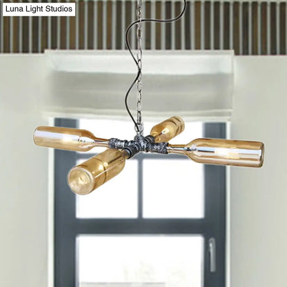 DecorBites™ Farmhouse Style Smoke Gray/Blue Bottle Ceiling Lighting - Glass Hanging Lamp (3/4/5 Lights) in Aged Silver/Black