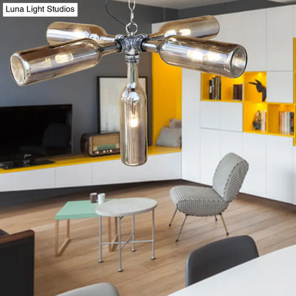 DecorBites™ Farmhouse Style Smoke Gray/Blue Bottle Ceiling Lighting - Glass Hanging Lamp (3/4/5 Lights) in Aged Silver/Black