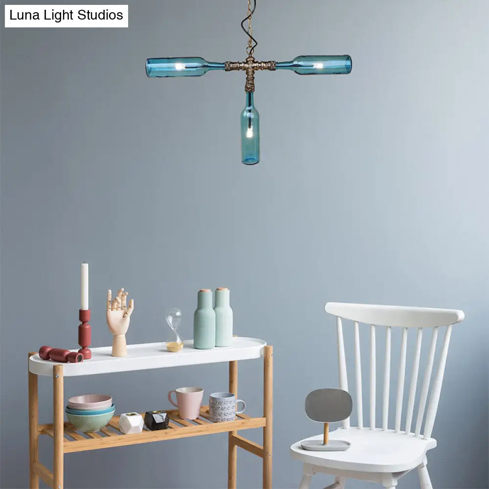 DecorBites™ Farmhouse Style Smoke Gray/Blue Bottle Ceiling Lighting - Glass Hanging Lamp (3/4/5 Lights) in Aged Silver/Black