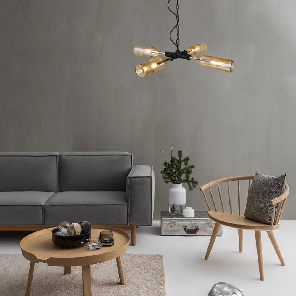 DecorBites™ Farmhouse Style Smoke Gray/Blue Bottle Ceiling Lighting - Glass Hanging Lamp (3/4/5 Lights) in Aged Silver/Black