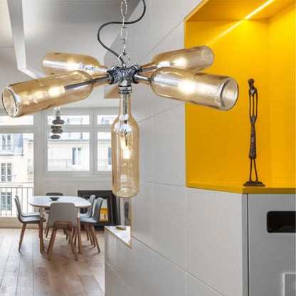 DecorBites™ Farmhouse Style Smoke Gray/Blue Bottle Ceiling Lighting - Glass Hanging Lamp (3/4/5 Lights) in Aged Silver/Black