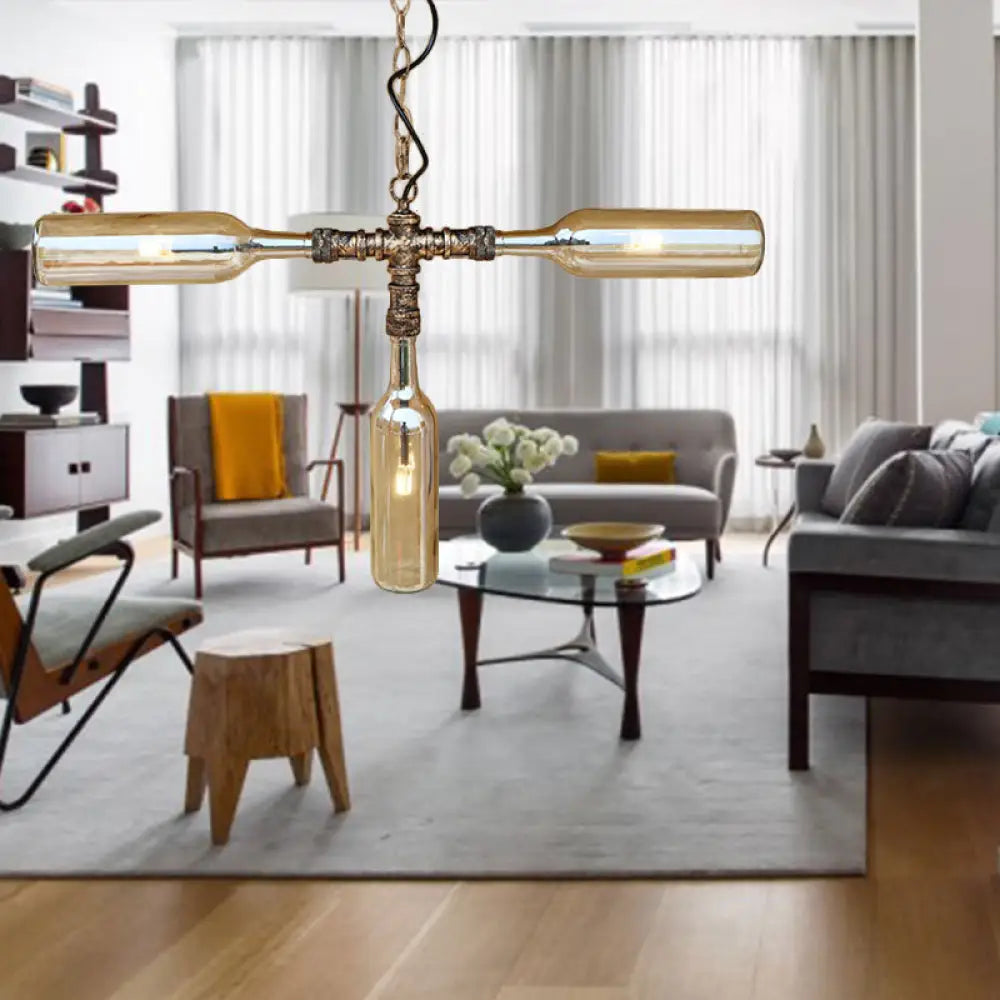 DecorBites™ Farmhouse Style Smoke Gray/Blue Bottle Ceiling Lighting - Glass Hanging Lamp (3/4/5 Lights) in Aged Silver/Black