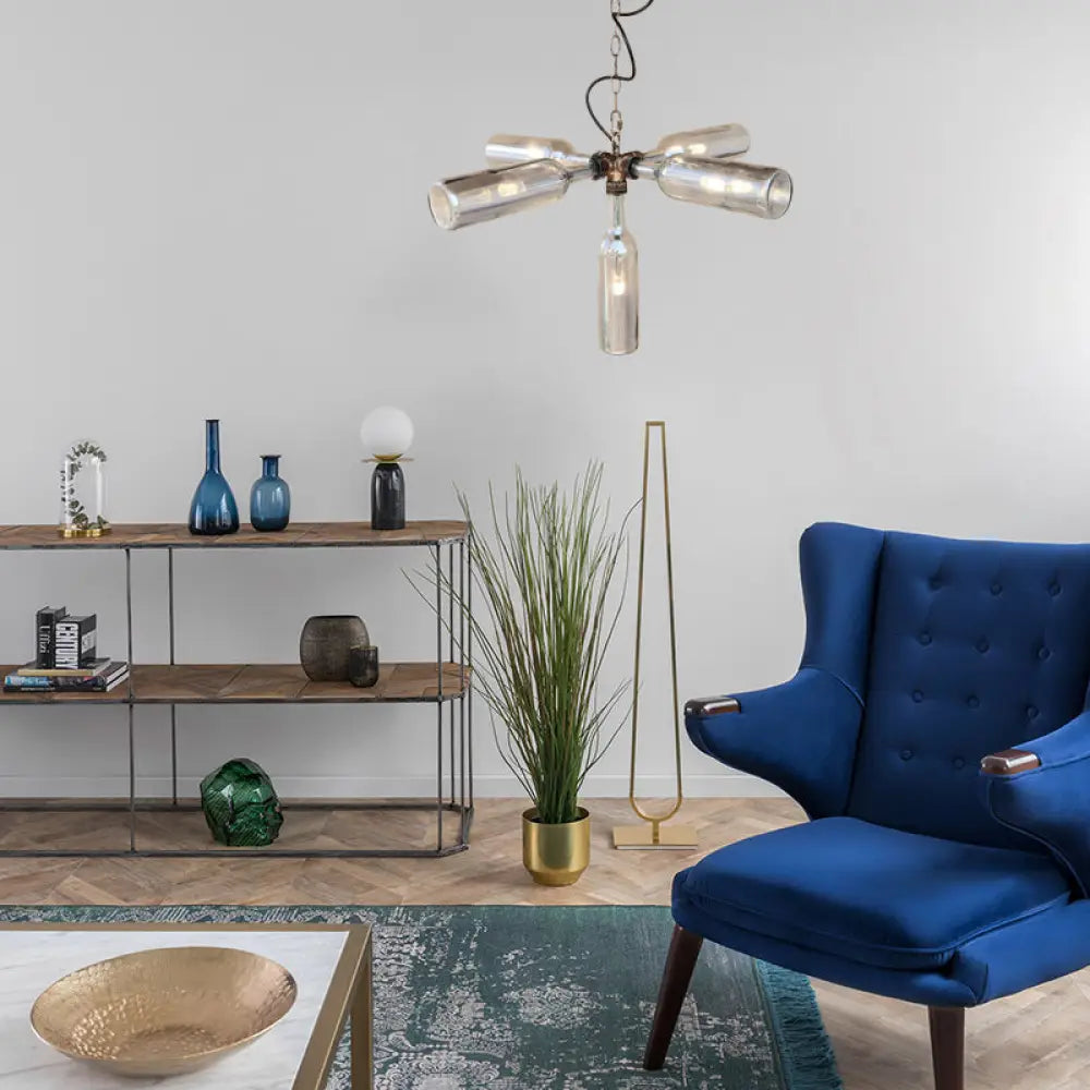 DecorBites™ Farmhouse Style Smoke Gray/Blue Bottle Ceiling Lighting - Glass Hanging Lamp (3/4/5 Lights) in Aged Silver/Black