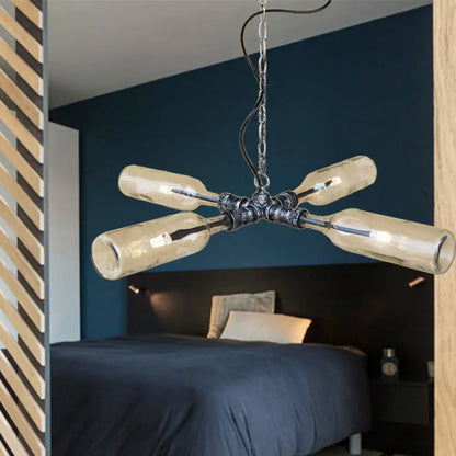 DecorBites™ Farmhouse Style Smoke Gray/Blue Bottle Ceiling Lighting - Glass Hanging Lamp (3/4/5 Lights) in Aged Silver/Black