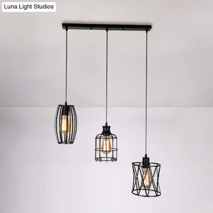 Farmhouse Style Suspended Metal Lamp with 3 Black Bulbs and Wire Guard for Restaurants