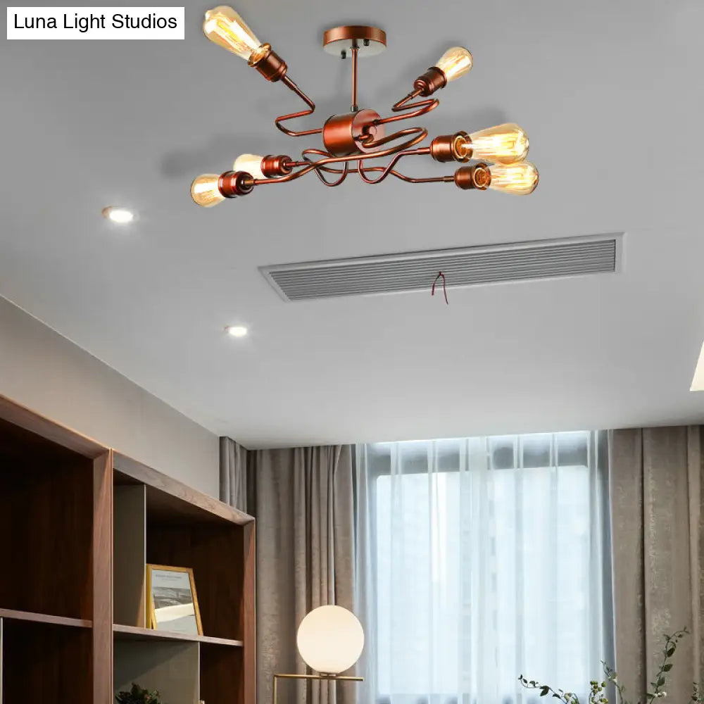 DecorBites™ DecorBites™ Farmhouse Style Twisted Arm Iron Ceiling Light with 6 Lights, Copper Finish - Semi Flush Mount for Living Room