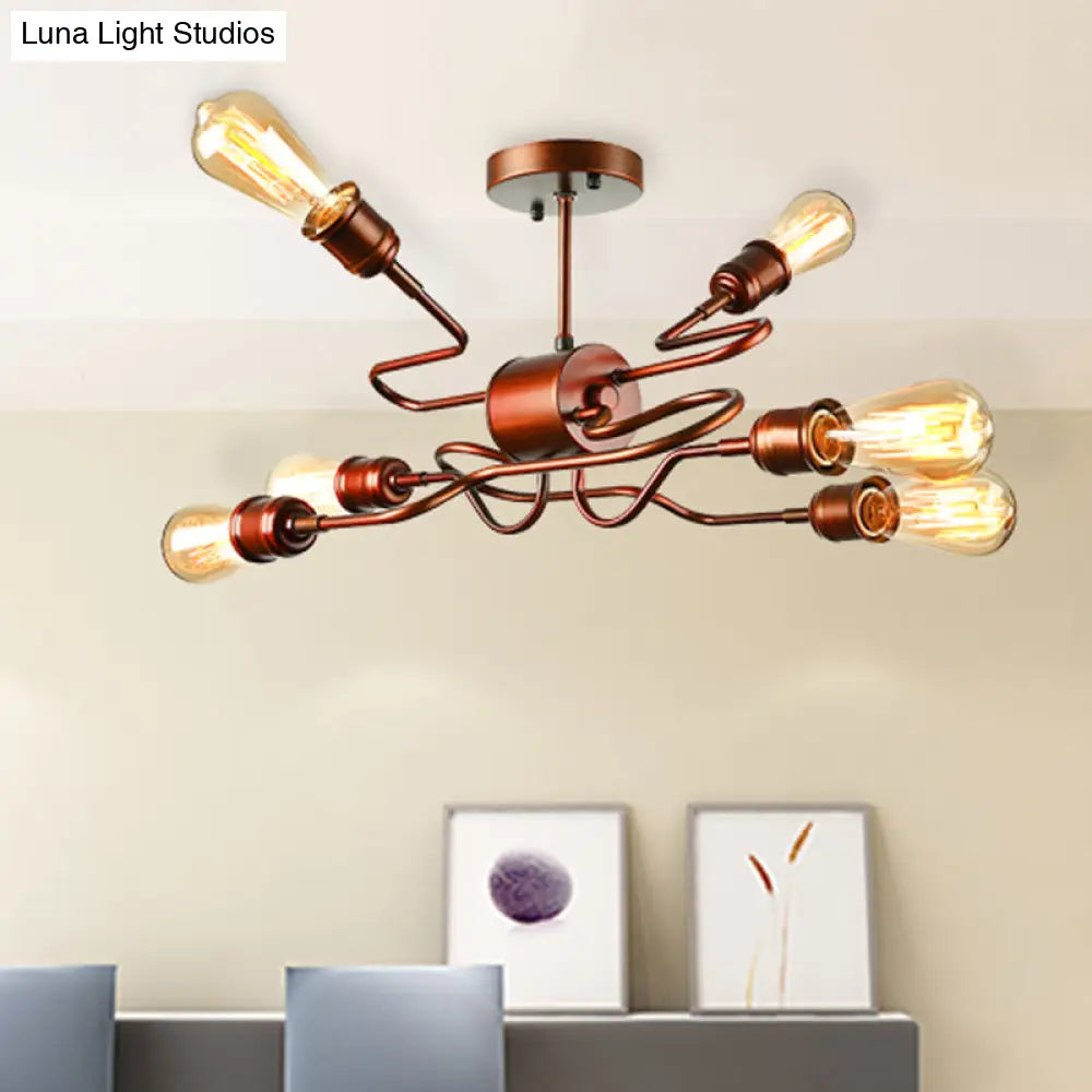 DecorBites™ DecorBites™ Farmhouse Style Twisted Arm Iron Ceiling Light with 6 Lights, Copper Finish - Semi Flush Mount for Living Room