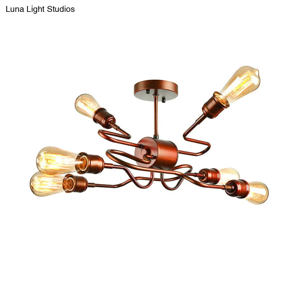 DecorBites™ DecorBites™ Farmhouse Style Twisted Arm Iron Ceiling Light with 6 Lights, Copper Finish - Semi Flush Mount for Living Room