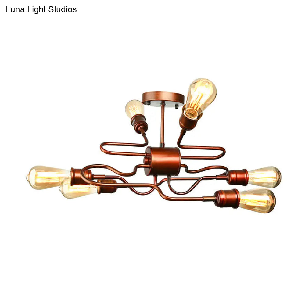 DecorBites™ DecorBites™ Farmhouse Style Twisted Arm Iron Ceiling Light with 6 Lights, Copper Finish - Semi Flush Mount for Living Room