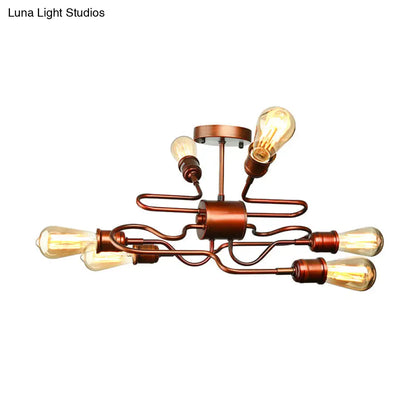 DecorBites™ DecorBites™ Farmhouse Style Twisted Arm Iron Ceiling Light with 6 Lights, Copper Finish - Semi Flush Mount for Living Room