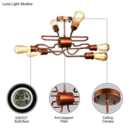 DecorBites™ DecorBites™ Farmhouse Style Twisted Arm Iron Ceiling Light with 6 Lights, Copper Finish - Semi Flush Mount for Living Room