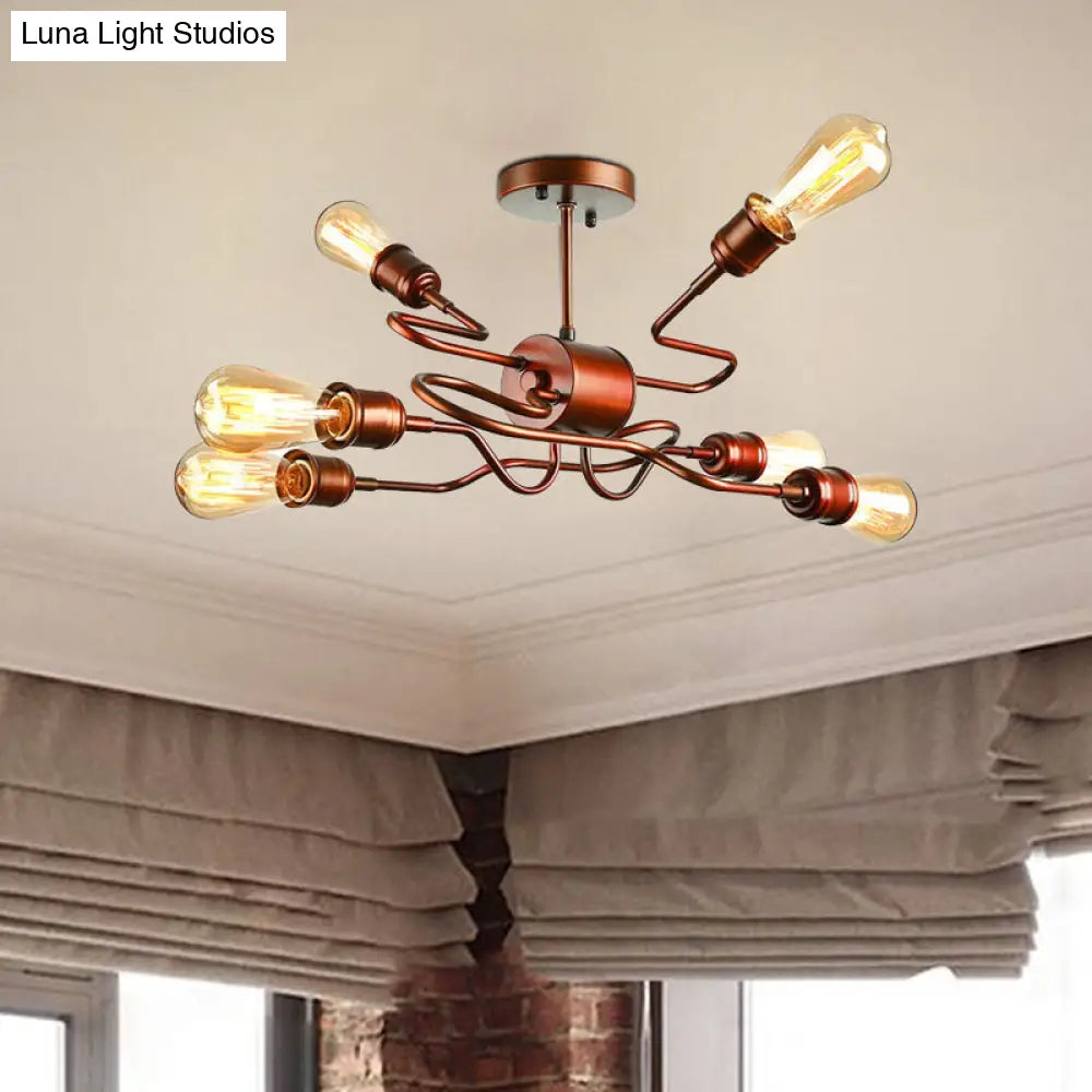 DecorBites™ DecorBites™ Farmhouse Style Twisted Arm Iron Ceiling Light with 6 Lights, Copper Finish - Semi Flush Mount for Living Room