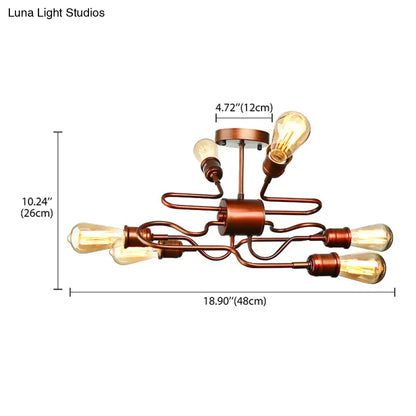 DecorBites™ DecorBites™ Farmhouse Style Twisted Arm Iron Ceiling Light with 6 Lights, Copper Finish - Semi Flush Mount for Living Room
