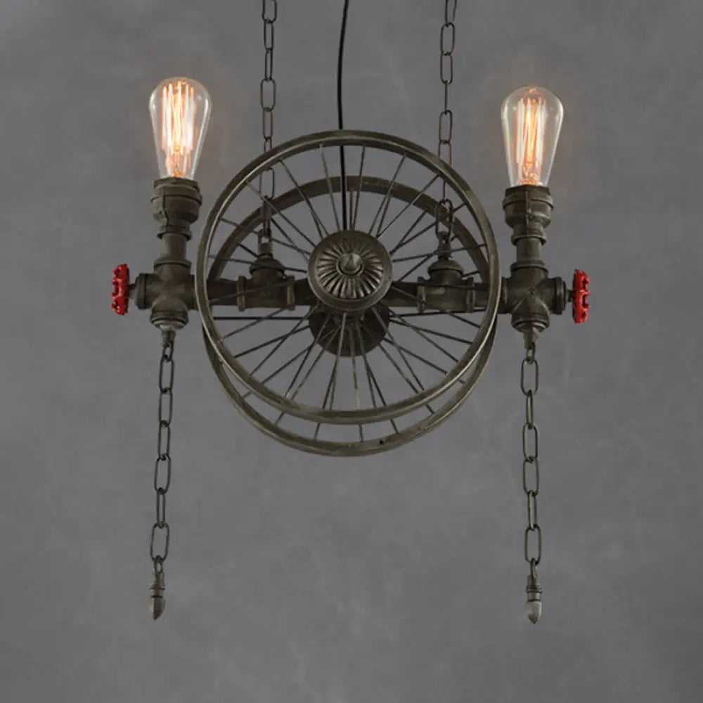 DecorBites™ Farmhouse Style Wheel Design Island Light in Bronze with Open Bulb Lights - 2/4 Lights Metallic Fixture