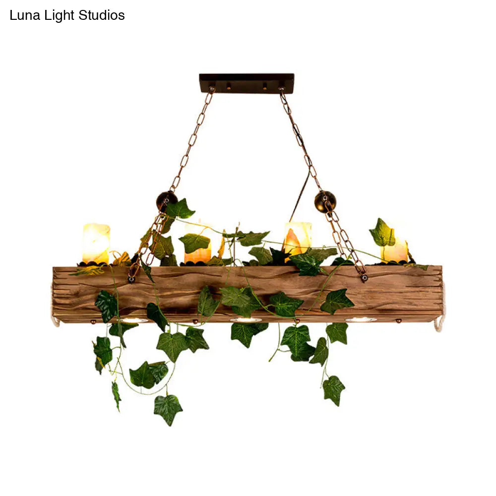 DecorBites™ Farmhouse Style Wooden Linear Island Chandelier with 4 Brown Heads and Cylinder Shade