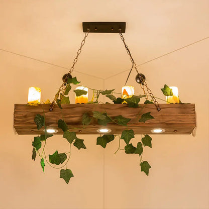 DecorBites™ Farmhouse Style Wooden Linear Island Chandelier with 4 Brown Heads and Cylinder Shade
