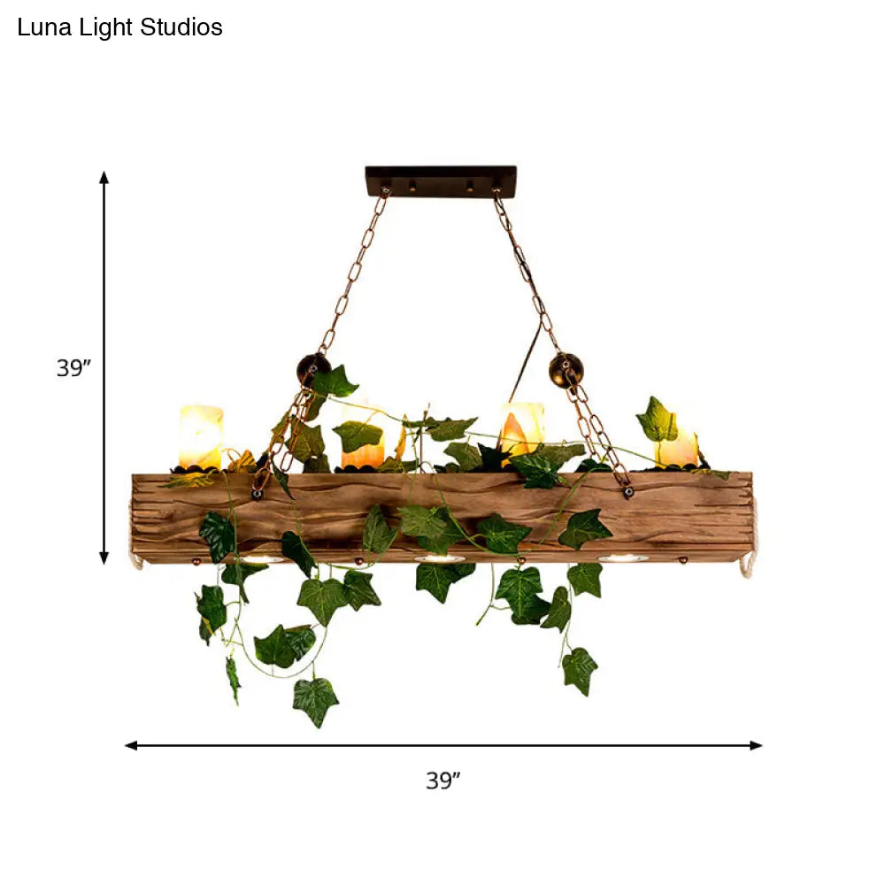 DecorBites™ Farmhouse Style Wooden Linear Island Chandelier with 4 Brown Heads and Cylinder Shade