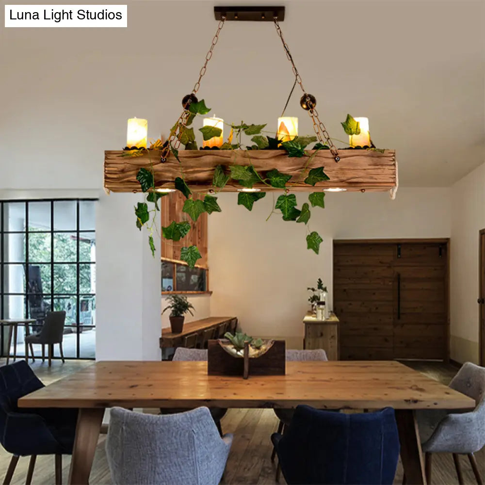 DecorBites™ Farmhouse Style Wooden Linear Island Chandelier with 4 Brown Heads and Cylinder Shade