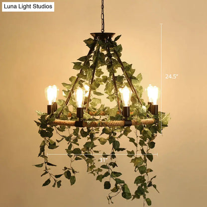 Farmhouse Wagon Wheel Chandelier with Plant Decor for Dining Room