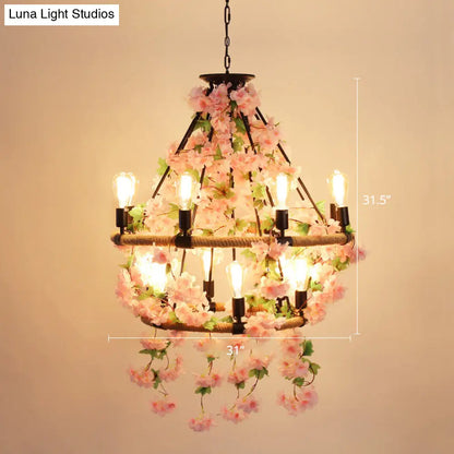 Farmhouse Wagon Wheel Chandelier with Plant Decor for Dining Room