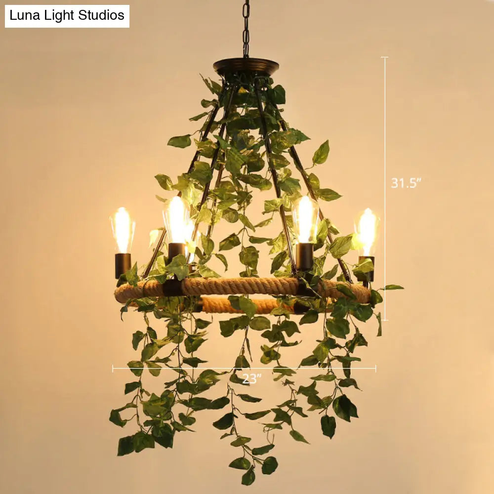 Farmhouse Wagon Wheel Chandelier with Plant Decor for Dining Room