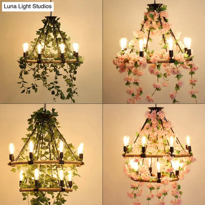 Farmhouse Wagon Wheel Chandelier with Plant Decor for Dining Room