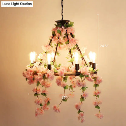 Farmhouse Wagon Wheel Chandelier with Plant Decor for Dining Room