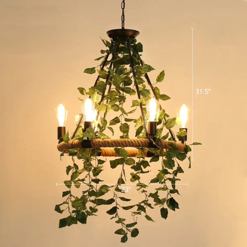 Farmhouse Wagon Wheel Chandelier with Plant Decor for Dining Room