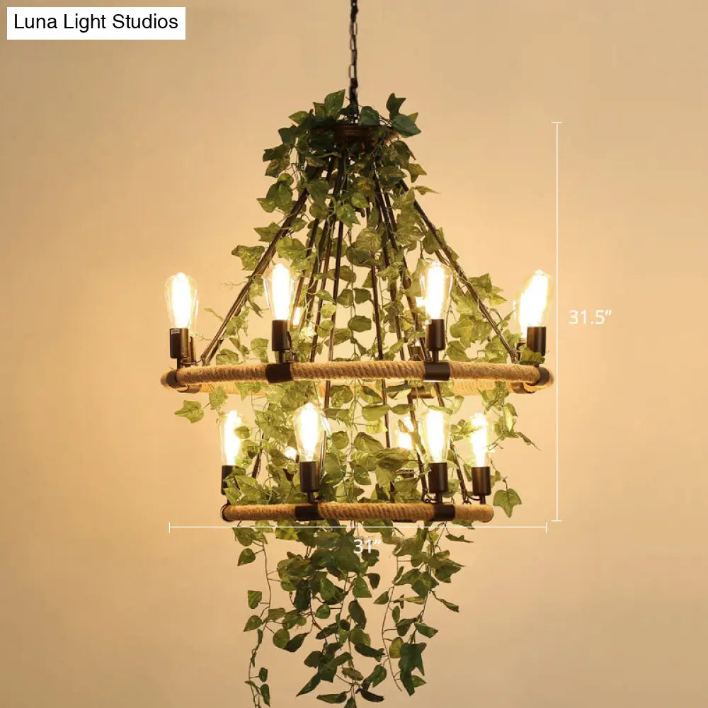 Farmhouse Wagon Wheel Chandelier with Plant Decor for Dining Room