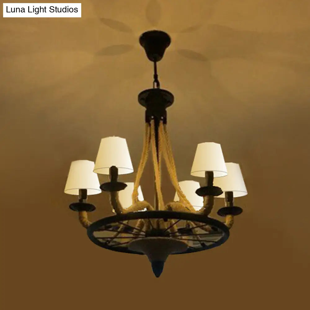 Farmhouse Wagon Wheel Pendant Light Fixture with Fabric Cone Shade - 6/8 Bulbs, Beige Rope Chandelier