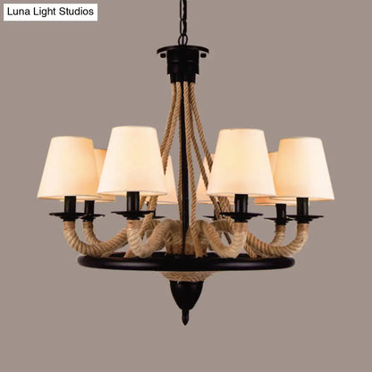 Farmhouse Wagon Wheel Pendant Light Fixture with Fabric Cone Shade - 6/8 Bulbs, Beige Rope Chandelier
