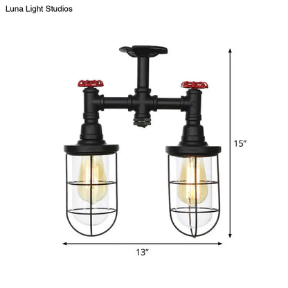 DecorBites™ DecorBites™ Farmhouse Wire Cage Flushmount Ceiling Fixture - Clear Glass, Black Finish - 2 Bulbs