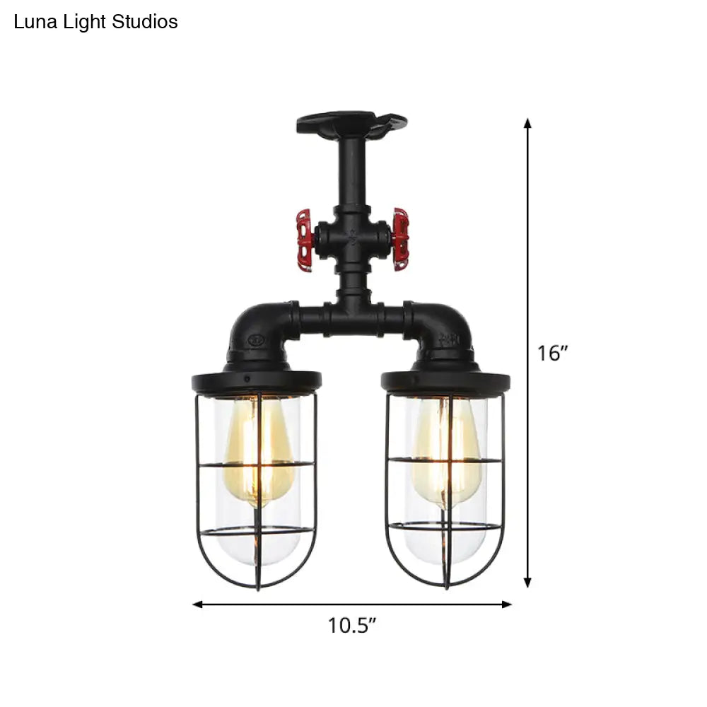 DecorBites™ DecorBites™ Farmhouse Wire Cage Flushmount Ceiling Fixture - Clear Glass, Black Finish - 2 Bulbs