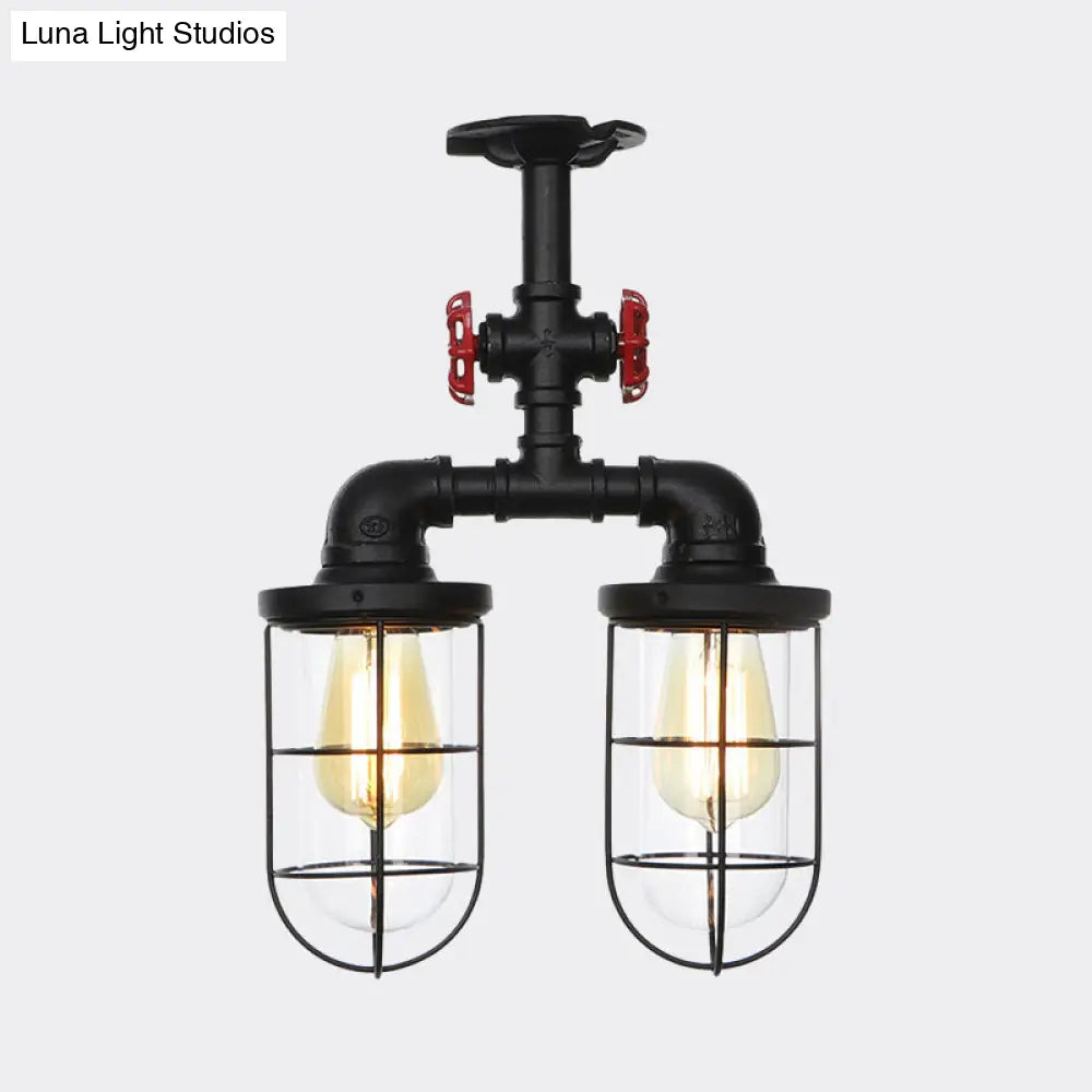 DecorBites™ DecorBites™ Farmhouse Wire Cage Flushmount Ceiling Fixture - Clear Glass, Black Finish - 2 Bulbs