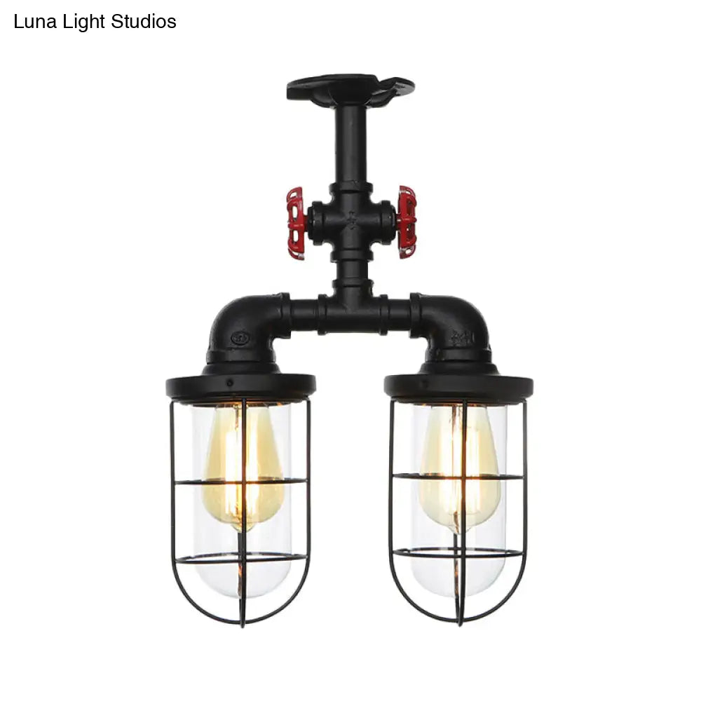 DecorBites™ DecorBites™ Farmhouse Wire Cage Flushmount Ceiling Fixture - Clear Glass, Black Finish - 2 Bulbs