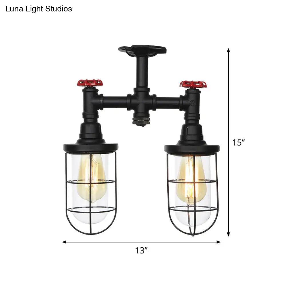 DecorBites™ DecorBites™ Farmhouse Wire Cage Flushmount Ceiling Fixture - Clear Glass, Black Finish - 2 Bulbs