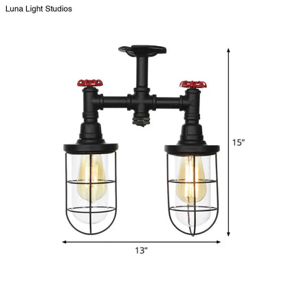 DecorBites™ DecorBites™ Farmhouse Wire Cage Flushmount Ceiling Fixture - Clear Glass, Black Finish - 2 Bulbs