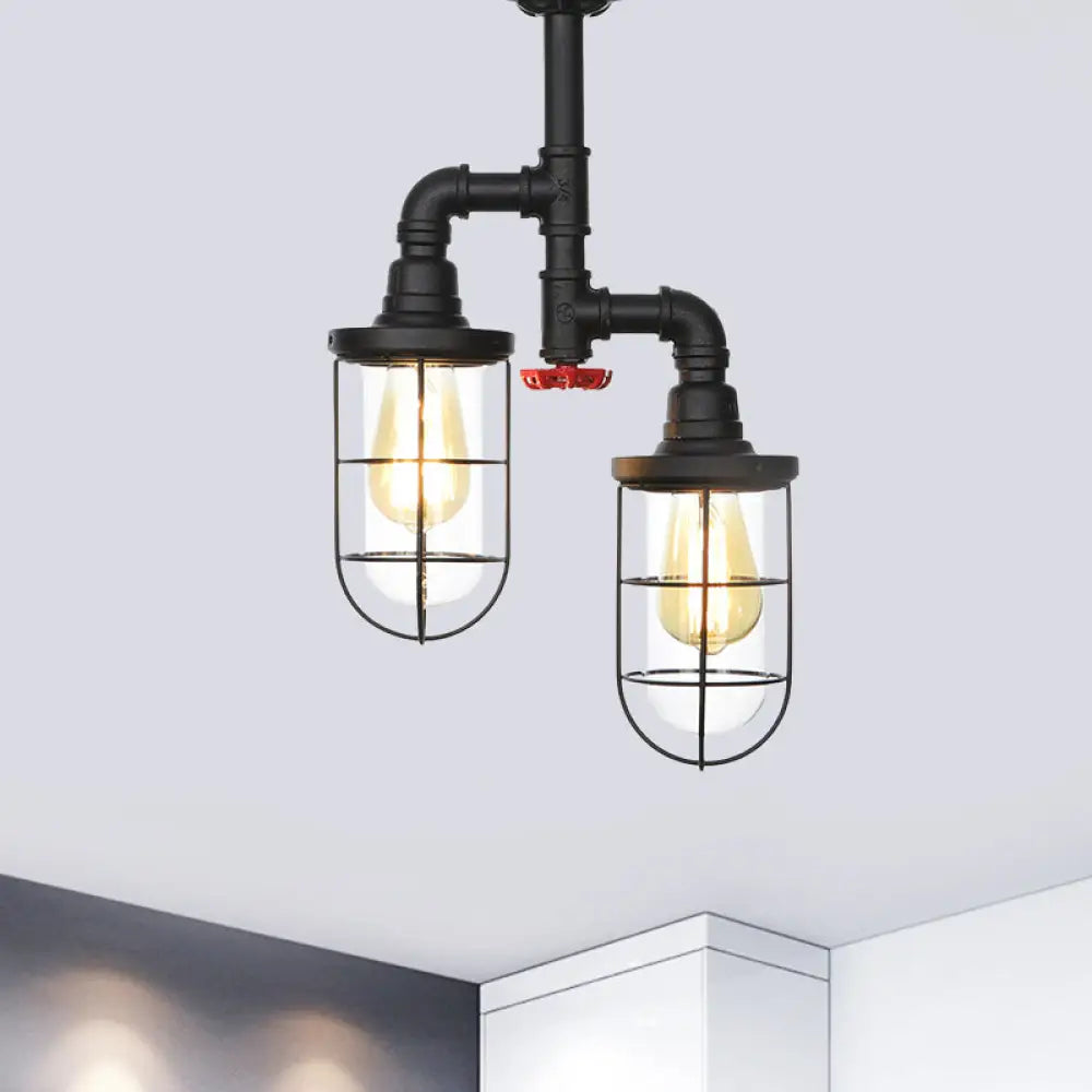 DecorBites™ DecorBites™ Farmhouse Wire Cage Flushmount Ceiling Fixture - Clear Glass, Black Finish - 2 Bulbs