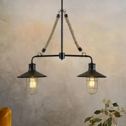 DecorBites™ Farmhouse Wire Cage Pendant Light: 2 Bulbs, Island Lamp with Rope and Flared Shade, Metallic Finish in Black