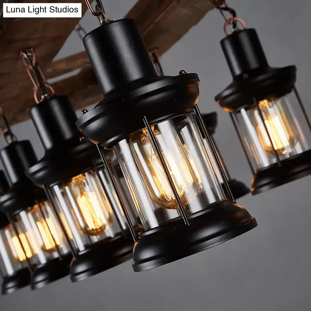 Black metal decorbites farmhouse clear glass lantern pendant lights with clear glass panels and glowing filament bulbs